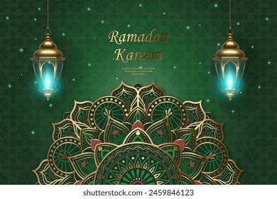 Islamic lantern and decoration pattern with elegant green starry background. suitable for Ramadan, Raya Hari, Eid al Adha Islamic holiday