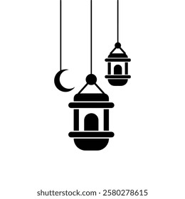 Islamic Lantern Element for Ramadan - Silhouette of Arabic Antique Hanging Oil Lamp Lights, Vector Illustration