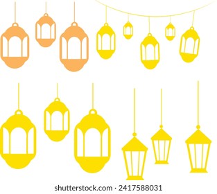 Islamic lantern element set for ramadan. Arabic antique hanging oil Lamp lights isolated vector.