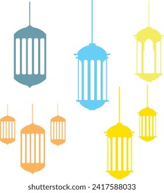 Islamic lantern element set for ramadan. Arabic antique hanging oil Lamp lights isolated vector.