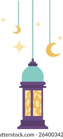 Islamic lantern hanging with crescent moons and stars, ideal for use in Ramadan-themed banners, digital prints, or celebration illustrations.