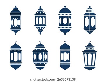 Islamic lantern, hanging lamp light vector set in blue color. Ramadan, Eid elements for festival decoration, poster, cards and banner design. Vector illustration