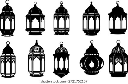 Islamic Lantern Icon Set - Ramadan Fanous Silhouette Collection - Traditional Arabic Lamp Vector