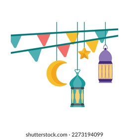 Islamic Lantern Illustration. Symbols of Ramadan Mubarak, Hanging Gold Lanterns, arabic lamps, lanterns moon, lantern element, star, art, vector and illustration
