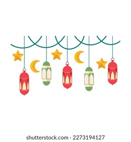 Islamic Lantern Illustration. Symbols of Ramadan Mubarak, Hanging Gold Lanterns, arabic lamps, lanterns moon, lantern element, star, art, vector and illustration