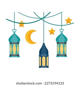 Islamic Lantern Illustration. Symbols of Ramadan Mubarak, Hanging Gold Lanterns, arabic lamps, lanterns moon, lantern element, star, art, vector and illustration