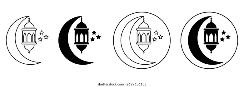 Islamic lantern moon and stars icon set in outline and solid style with circle border as vector illustration for eid design.