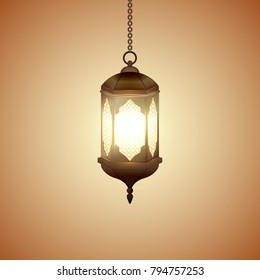 Islamic lantern for Muslim Community festival. Bright beautiful arabic lamp. Graphic design element for greeting card, invitation, flyer, banner. Vector illustration