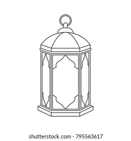 Islamic lantern for Muslim Community festival in linear style isolated on white background. Graphic design element for greeting card, invitation, flyer, banner. Vector illustration