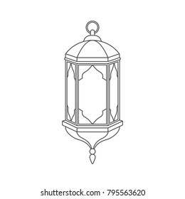 Islamic lantern for Muslim Community festival in linear style isolated on white background. Graphic design element for greeting card, invitation, flyer, banner. Vector illustration