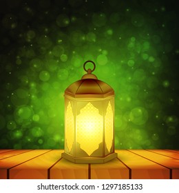 Islamic lantern on wooden table and emerald night background with bokeh for Muslim Community festival. Bright beautiful arabic lamp. Design element for greeting card, invitation. Vector illustration