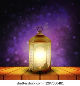 Islamic lantern on wooden table and purple night background with bokeh for Muslim Community festival. Bright beautiful arabic lamp. Design element for greeting card, invitation. Vector illustration
