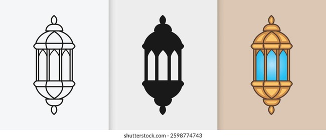 Islamic lantern outline and silhouette icon set with isolated flat vector illustration for eid celebration