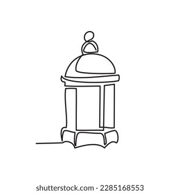 Línea Ramadán de la linterna islámica. 
Símbolo nocturno de Ramadán. Un continuo dibujo de la clásica linterna de la mezquita afuera en las noches de ramadán y eid. Ilustración vectorial de la línea de arte de la linterna de ramadhan.