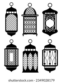 Islamic lantern silhouette flat set. Black Ramadan lanterns. Arabic lamps silhouettes vintage Egyptian Moroccan Dubai eastern lamp for Islamic mosque or Arabian lighting. Vector illustration.