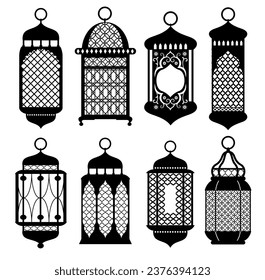 Islamic lantern silhouette flat set. Black Ramadan lanterns. Arabic lamps silhouettes vintage Egyptian Moroccan Dubai eastern lamp for Islamic mosque or Arabian lighting. Vector illustration.