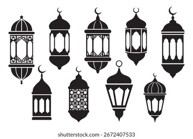 Islamic lantern silhouette icon bundle set in black and white isolated flat vector illustration for eid celebration. Vector black silhouette. with white background
