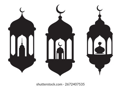 Paquete de icono de silueta de linterna islámica en Ilustración vectorial plana aislada en blanco y negro para la celebración de eid. Silueta negra del Vector. con el fondo blanco
