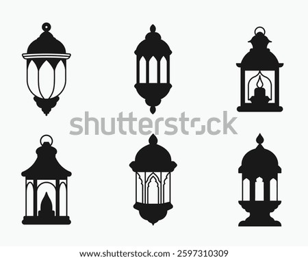 Islamic lantern silhouette icon bundle set in black and white isolated flat vector illustration for eid celebration