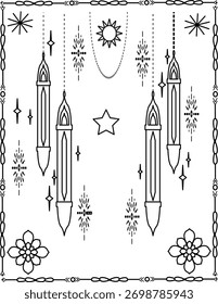 Islamic Lantern and Star Design. Ramadan Kareem Line Art, Mosque Lamp Decoration Coloring Page.