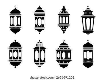 Islamic lantern vector set silhouette in black and white color. Ramadan hanging lamp light elements for festival decoration, poster, cards and banner design.