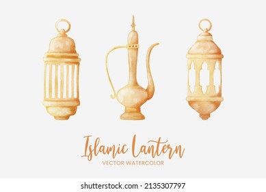 islamic lantern watercolor with 3 objects variation illustration with golden metal material