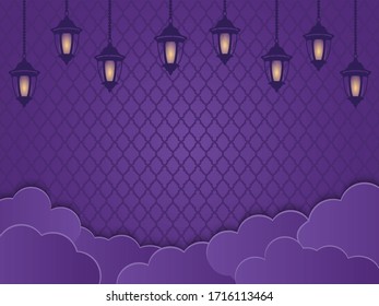 Islamic lanterns, clouds and ornaments in a purple background. Creative concept of Ramadhan or Fitri adha greeting card design, mawlid, isra miraj, copy space text area, vector illustration.