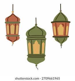 Linternas islámicas en estilo plano acogedor para la decoración de Ramadán. Ideal para Anuncios, publicaciones sociales, pegatinas, imprimibles y temas visuales festivos.