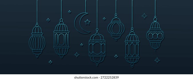Islamic lanterns and crescent moon hanging in the air