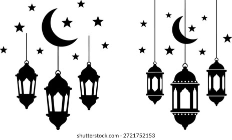 Silhueta de Lanternas Islâmicas e Lua Crescente - Conjunto de vetor de decoração Ramadã e Eid