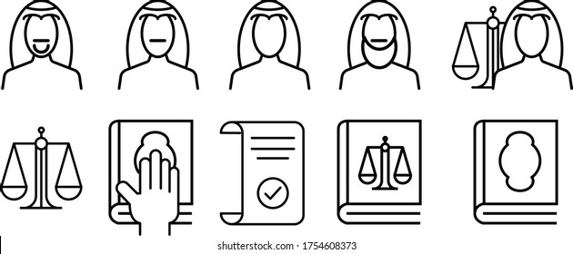 islamic law icons, different looking lawyers, scales as a sample of justice, Quran icon, regulations book icon.  