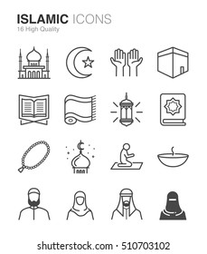 Islamic line icons. Included the icons as Muslim, pray, mosque, religion, Hijab and more.