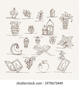 Islamic line icons. Ramadan, Eid mubarak, muslim design elements set. Hand drawn vector illistration.