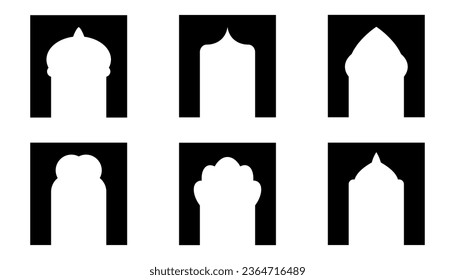 Puerta de forma de línea islámica, conjunto de iconos del vector de puerta