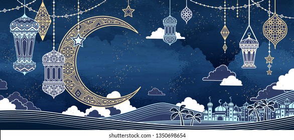 Islamic line style background with mosque and big crescent in night desert