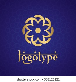 Islamic logo. Arabic flower icon on a blue background. Ottoman royal round logo.