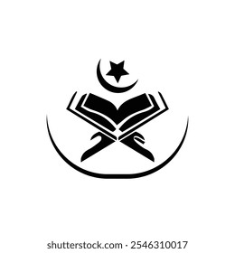 Islamic Logo Design, Islamic logo icon, mosque icon, Islamic channel logo, Al-Quran mosque logo. Islamic theme, gold color, mosque objects, Al-Quran, moon, circular, simple, modern.