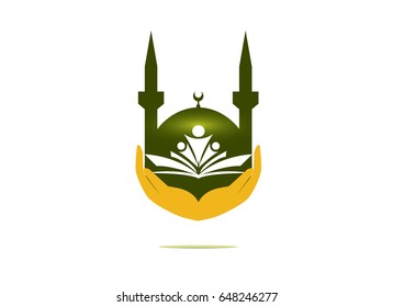 islamic logo design, mosque, book, education and hands