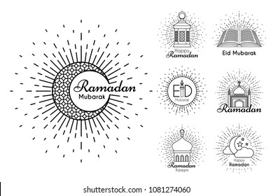 Islamic Logo Emblems Set for Ramadan Kareem celebration. Vector religion line art logotype collection isolated on white