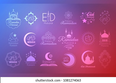 Islamic Logo Emblems Set for Ramadan Kareem celebration. Vector religion logotype collection on colorful blurred background
