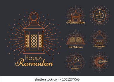 Islamic Logo Emblems Set for Ramadan Kareem celebration. Vector religion line art logotype collection on dark background