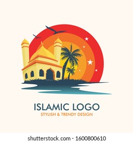 Islamic Logo or Icon Vector, with mosque, coconut tree, sea, sky, and other colorful background, simple, elegant, modern and stylish for islamic icon