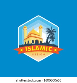 Islamic Logo or Icon Vector, with mosque, coconut tree, sea, sky, and other colorful background, simple, elegant, modern and stylish for islamic icon