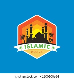 Islamic Logo or Icon Vector, with mosque, coconut tree, sea, sky, and other colorful background, simple, elegant, modern and stylish for islamic icon