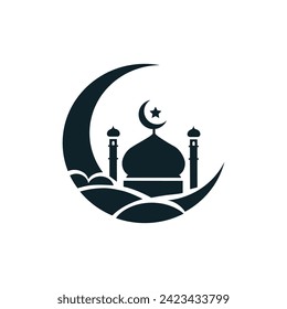 Islamisches Logo mit Mond und Moschee, Muster, graue Moschee, Symbol einzeln auf weißem Hintergrund. Vektorgrafik.