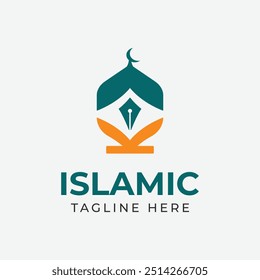Logotipo islámico con pluma de mezquita y diseño de ilustración de icono de forma de libro