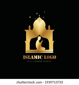 Islamic logo of mosque and people praying in gold color