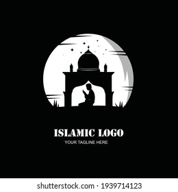 Islamic logo of mosque and people praying