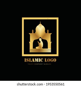 Islamic logo of mosque and people praying in gold color