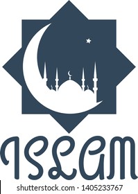 Islamic logo. Muslim mosque, moon and star in the sky. A Lettering Islam. octagonal Arabic icon.